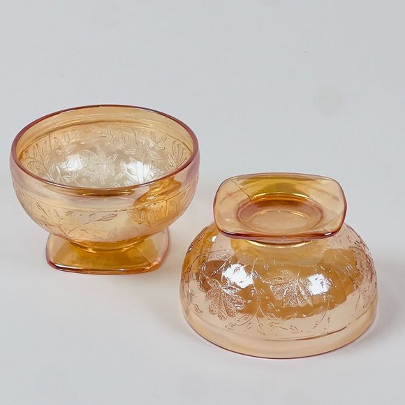 Vintage 2 Carnival Glass Orange Lusterware Sherbet Dish Footed Pedestal Glasses - Picture 5 of 7